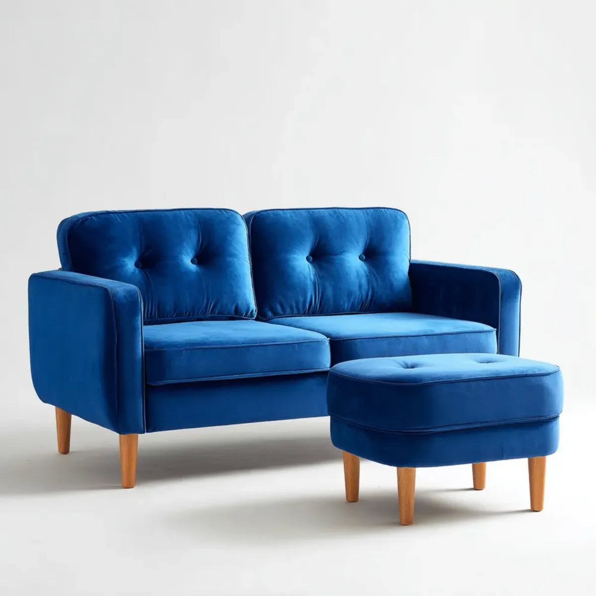 Divano 2 posti con pouf blu in velluto di poliestere rettangolare 140 x 78 x 84 cm