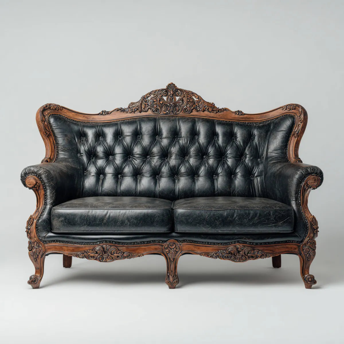 Divano 2 posti classico nero e noce in pelle sintetica PU 170 x 85 x 120 cm