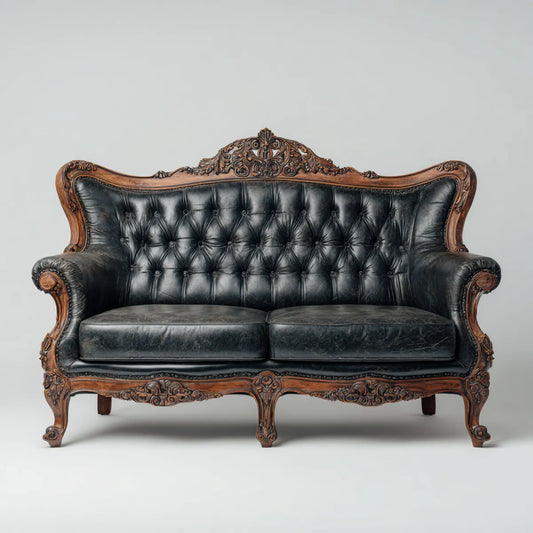 Divano 2 posti classico nero e noce in pelle sintetica PU 170 x 85 x 120 cm