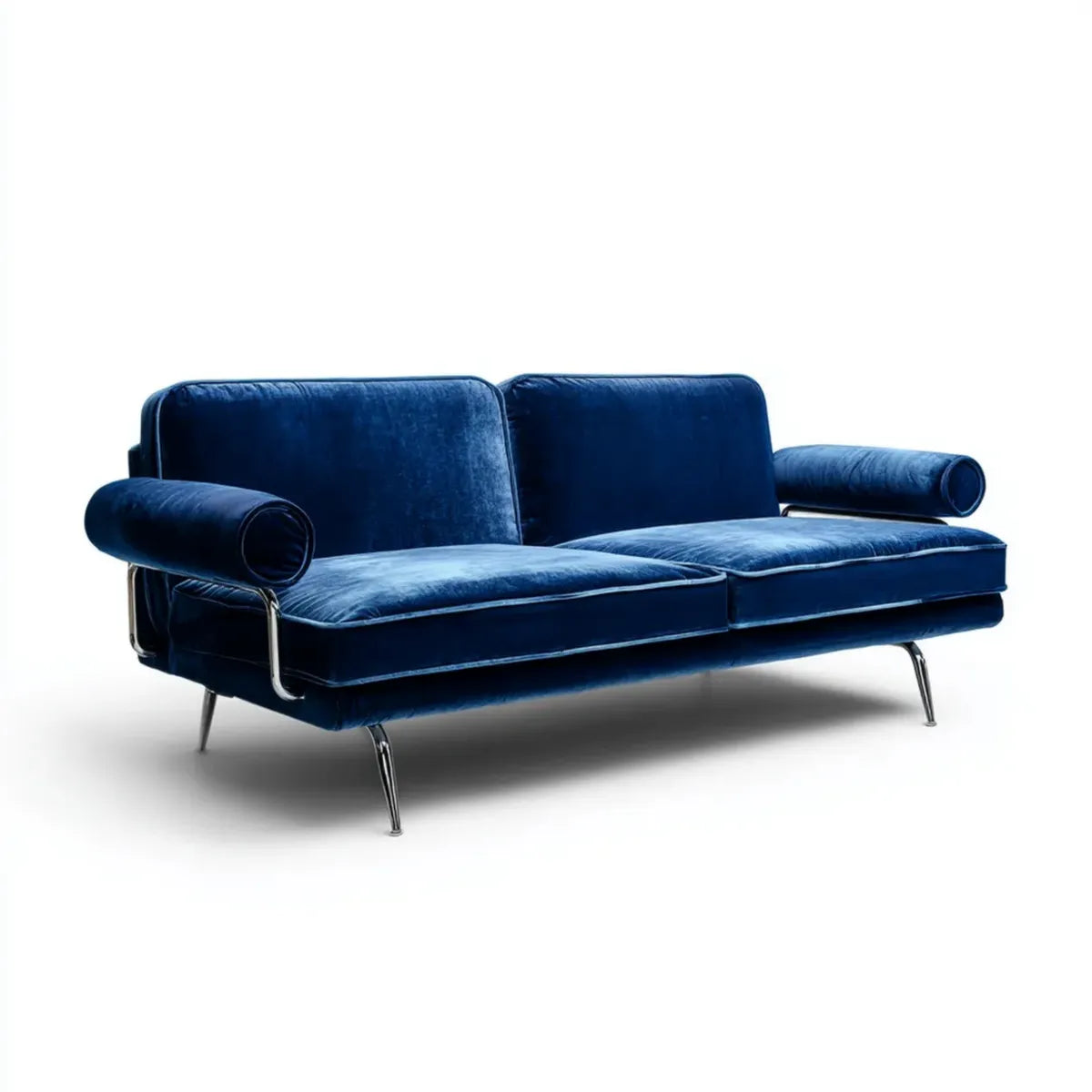 Divano 2 posti blu in velluto di poliestere con struttura in acciaio cromato forma rettangolare 180 x 85 x 82 cm